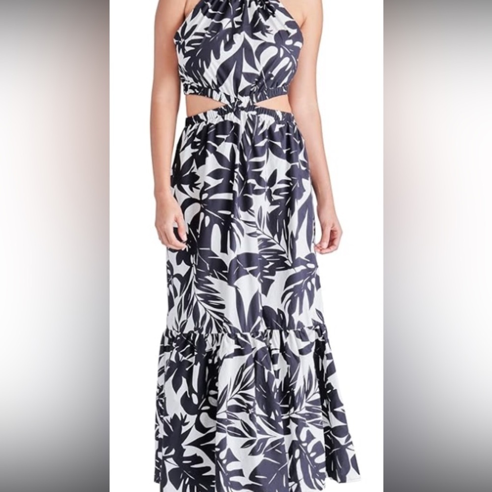 Steve Madden XS Black White Tropical Print Midi Dress Sleeveless